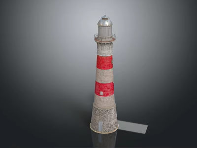 Tall Red And White Striped Lighthouse With Stone Base And Shining Light On Top 3d model