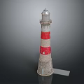 Tall Red And White Striped Lighthouse With Stone Base And Shining Light On Top