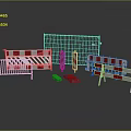 Various Safety Fences With Metal Mesh Barriers Red White Stripes Warning Signs And Base Plates