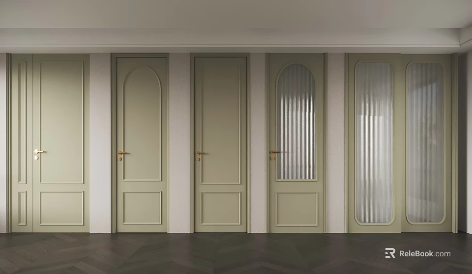 Light Green Hinged Doors Various Designs Glass Panels Solid Wood Golden Handles Dark Flooring 3d model 
