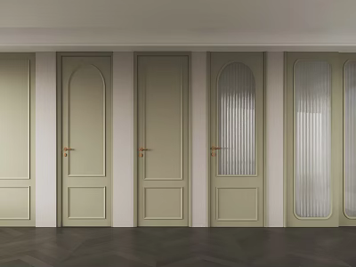 Light Green Hinged Doors Various Designs Glass Panels Solid Wood Golden Handles Dark Flooring 3d model