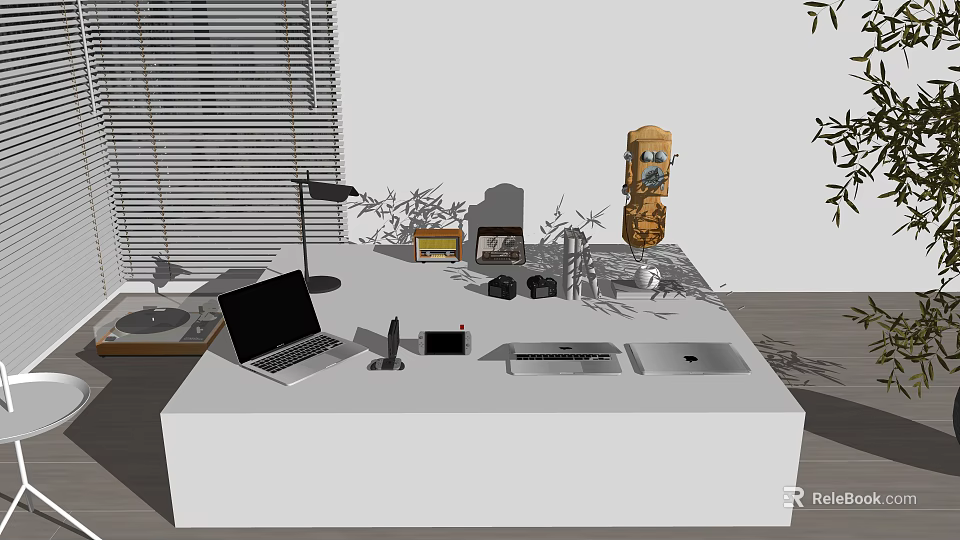 Modern Laptop On Home Office Desk With Desk Lamp Mobile Phone And Small Accessories 3d model 