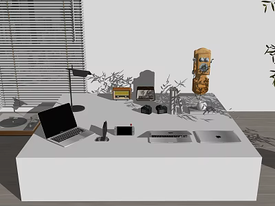 Modern Laptop On Home Office Desk With Desk Lamp Mobile Phone And Small Accessories 3d model