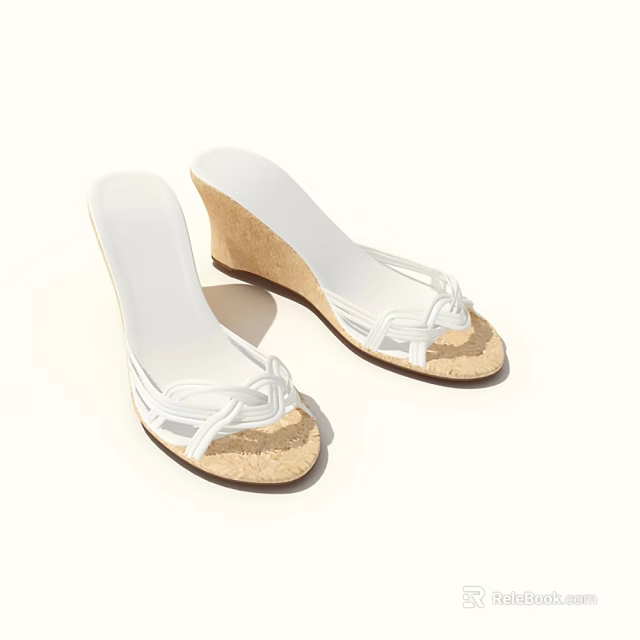 Stylish White Wedge Sandals with Knotted Straps and Cork Sole 3d model 