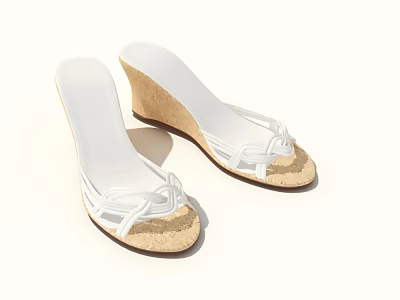 Stylish White Wedge Sandals with Knotted Straps and Cork Sole 3d model