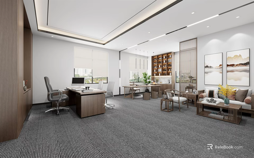 Modern Office Interior Design With Desk Sofa Bookshelf Plants And Windows 3d model