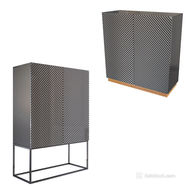 Modern Decorative Cabinet With Double Doors Striped Pattern And Metal Legs 3d model 