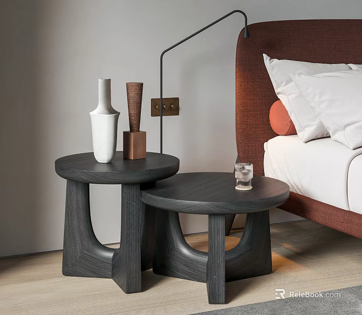 Two Black Side Tables With Vases And Decorations By Red Headboard White Bedding 3d model