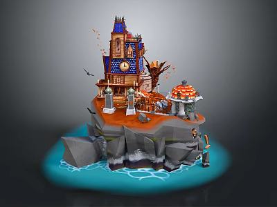 Colorful Cartoon Island Scene With Clock Tower Mushroom House Blue Water And Rocks 3d model