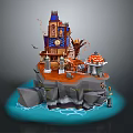 Colorful Cartoon Island Scene With Clock Tower Mushroom House Blue Water And Rocks