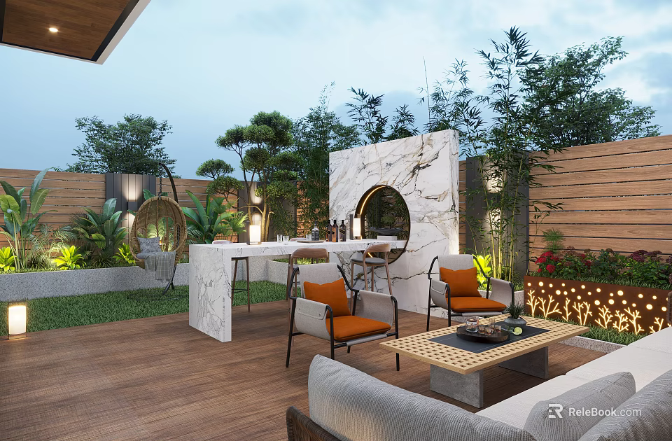 Garden Landscape Featuring Outdoor Seating Marble Wall Wooden Flooring And Green Plants 3d model 