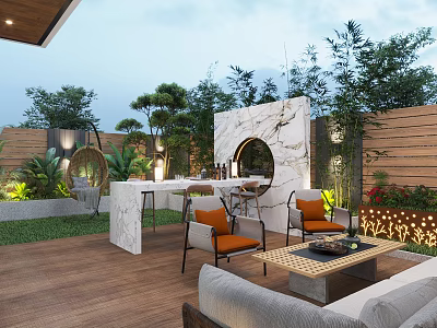 Garden Landscape Featuring Outdoor Seating Marble Wall Wooden Flooring And Green Plants 3d model