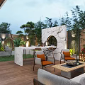 Garden Landscape Featuring Outdoor Seating Marble Wall Wooden Flooring And Green Plants