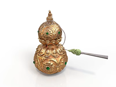 Golden Gourd Shaped Sculpture Featuring Intricate Patterns Green Gemstones And Decorative Details 3d model