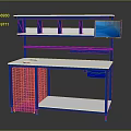 Modern Office Desk With Blue Frame White Tabletop Shelf Compartments And Wire Mesh Storage