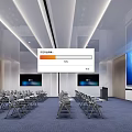 Modern Conference Room Interior With Foldable Chairs Multiple Screens Wooden Walls And Blue Carpet