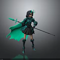 Fantasy Female Warrior Character With Green Armor Horns Spear And Green Cape 3D