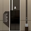 Modern Elevators Labeled A and B with Black Doors and Wooden Panel Walls