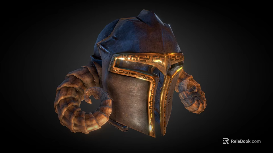 Medieval Fantasy Horned Helmet with Golden Accents Intricate Design and Curved Ram Horns on Dark 3d model 