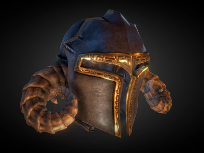 Medieval Fantasy Horned Helmet with Golden Accents Intricate Design and Curved Ram Horns on Dark 3d model