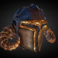 Medieval Fantasy Horned Helmet with Golden Accents Intricate Design and Curved Ram Horns on Dark