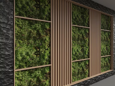 Decorative Moss Wall with Wooden Slats and Stone Wall Background 3d model