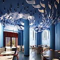 Elegant Restaurant Interior Featuring Dark Blue Ceiling White Leaf Decorations Blue Curtains And Red Door