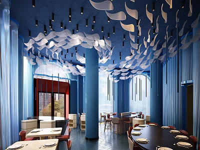 Elegant Restaurant Interior Featuring Dark Blue Ceiling White Leaf Decorations Blue Curtains And Red Door 3d model