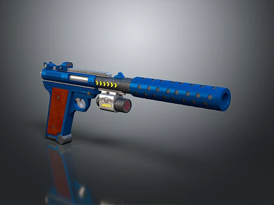 Blue Tactical Pistol With Wooden Grip Extended Barrel Warning Stripes And Tactical Light 3d model