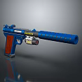 Blue Tactical Pistol With Wooden Grip Extended Barrel Warning Stripes And Tactical Light