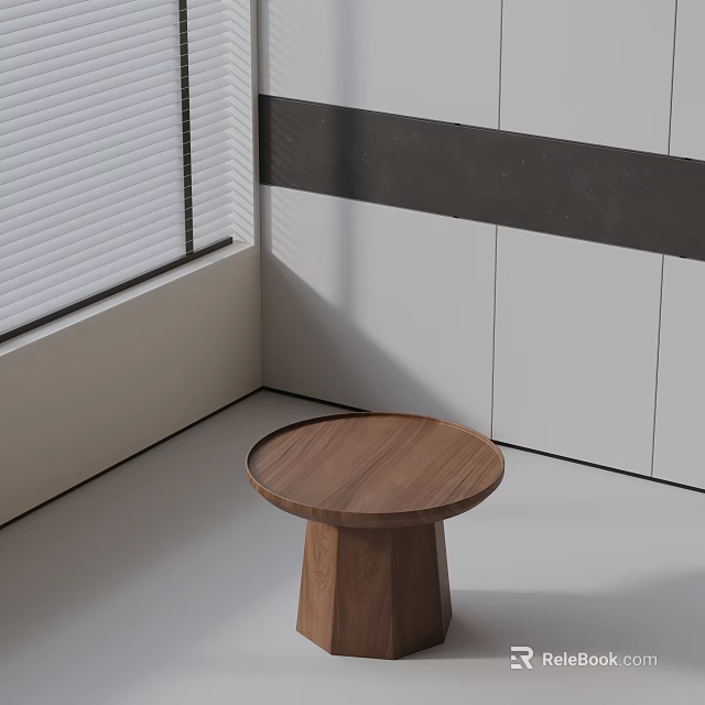 Modern Minimalist Wooden Side Table With Round Top In Indoor Corner White Walls And Window 3d model 