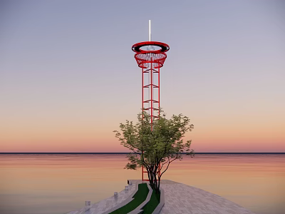 Red Metal Tower With Circular Top On Seaside Pathway At Sunset Sky 3d model