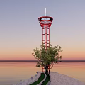 Red Metal Tower With Circular Top On Seaside Pathway At Sunset Sky