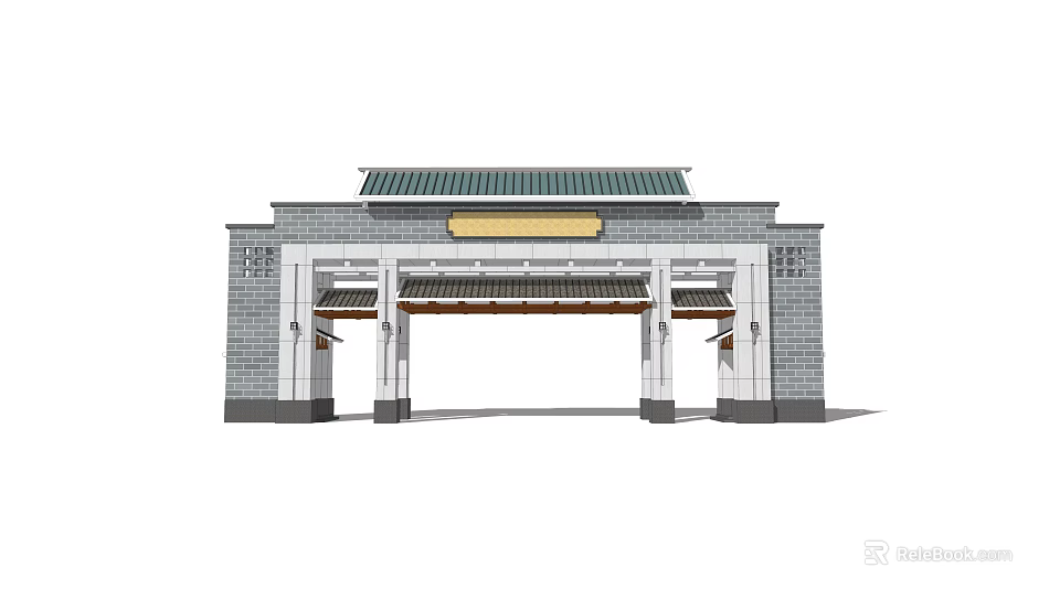 Chinese Style Entrance Gate with Gray Brick Walls Green Roof and Yellow Plaque 3d model 