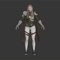 Fantasy Female Character 3D Model With Long Brown Hair Green Silver Armor And Brown Cape