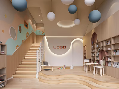 Cheerful Kindergarten Interior With Wooden Decor Colorful Ball Lights Staircase And Bookshelves 3d model
