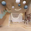 Cheerful Kindergarten Interior With Wooden Decor Colorful Ball Lights Staircase And Bookshelves