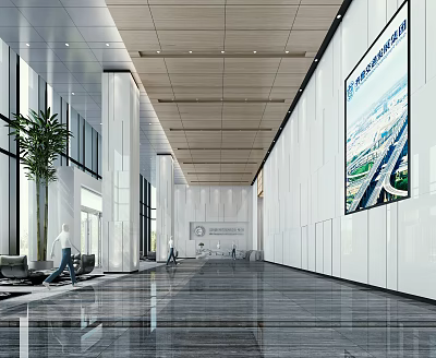 Modern Lobby Reception Desk Design With Large Windows Green Plants And Marble Flooring 3d model