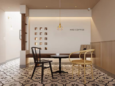 HAD Coffee Shop Interior Design With Tables Chairs Wall Decor Hanging Lights And Patterned Flooring 3d model