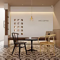 HAD Coffee Shop Interior Design With Tables Chairs Wall Decor Hanging Lights And Patterned Flooring
