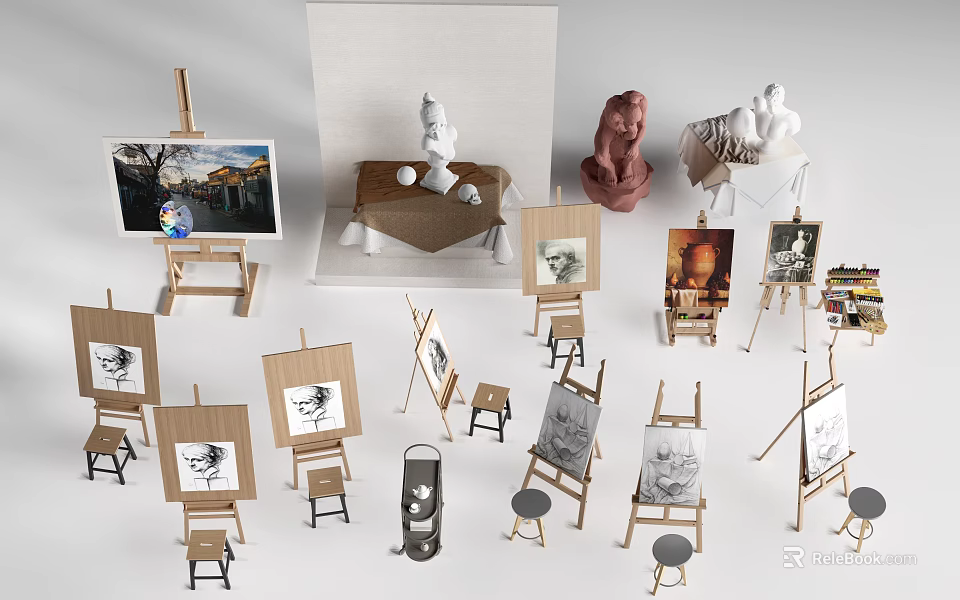 Art Studio Display With Easels Drawing Boards Sculptures And Paintings 3d model 