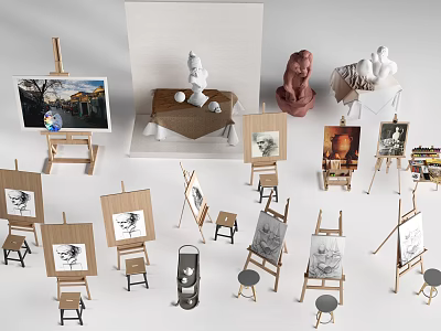 Art Studio Display With Easels Drawing Boards Sculptures And Paintings 3d model
