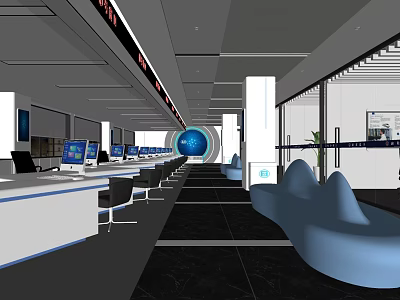 Modern Service Hall Interior With Computers Counters And Comfortable Seats 3d model