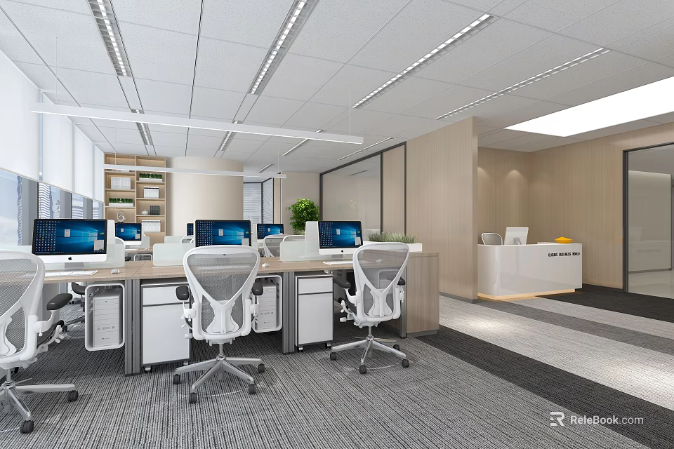 Modern Public Office Space With Open Layout Workstations Ergonomic Chairs And Computers 3d model