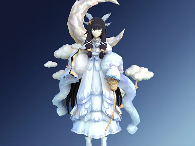 Woman With Long Black Hair In White Dress And Wings Surrounded By Clouds And Moon 3d model
