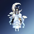 Woman With Long Black Hair In White Dress And Wings Surrounded By Clouds And Moon