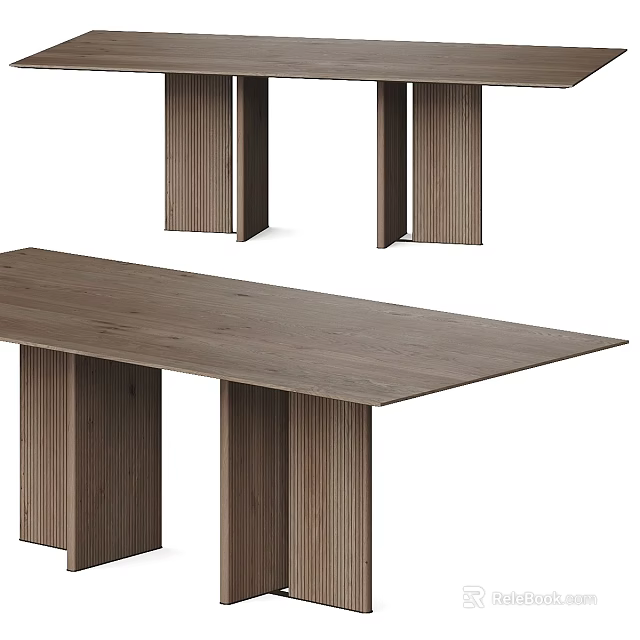 Modern Wooden Long Dining Table With Wood Grain Surface And Striped Legs 3d model 