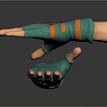 Two Hands Wearing Blue Gloves With Orange Straps Overlapping On Black Surface