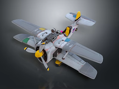 Vintage Passenger Biplane Featuring Gray Fuselage Yellow Propeller Green Blue Wing Accents And Detailed Cockpit 3d model