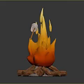 Campfire Scene With Burning Flame Wood Logs And Marshmallow On Stick